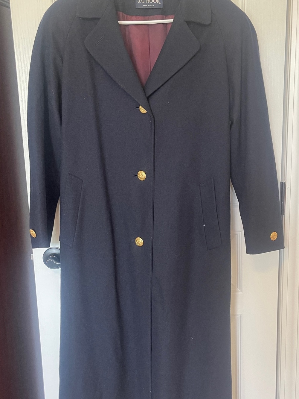 J.G Hook Women's Navy Long Trench Coat with Gold Buttons 100% wool